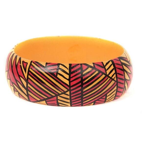 1990s Wood Wooden Yellow Red & Black Tribal Pattern Boho Hippie Bangle Bracelet - Picture 1 of 3
